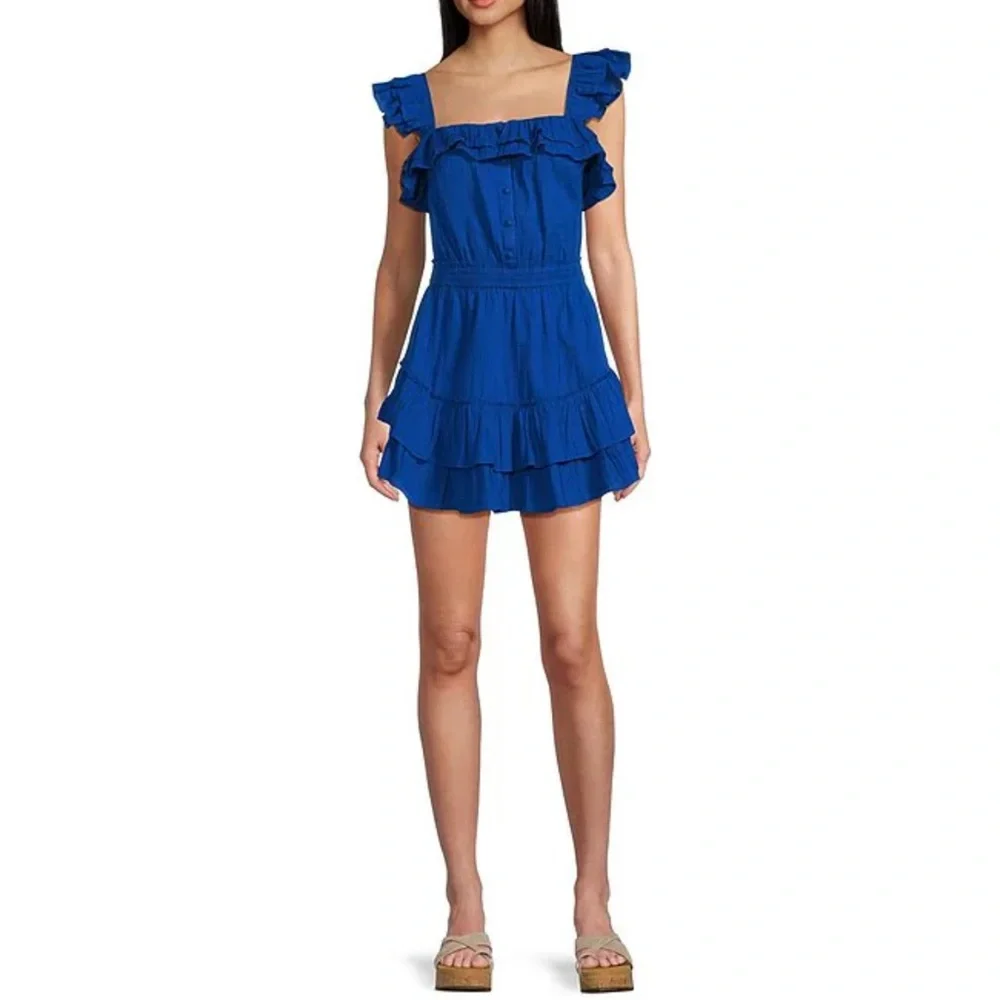 Chelsea & Violet Cassia Guaze Square Neck Ruffle Hem Romper, Blue, SMALL NWT - Picture 1 of 5